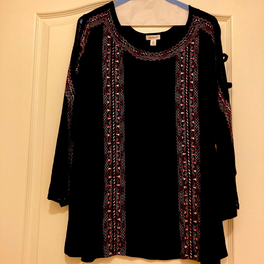 Westport Long Sleeve Top Blouse Black & Pink Embroidered Design Women's Size 2X